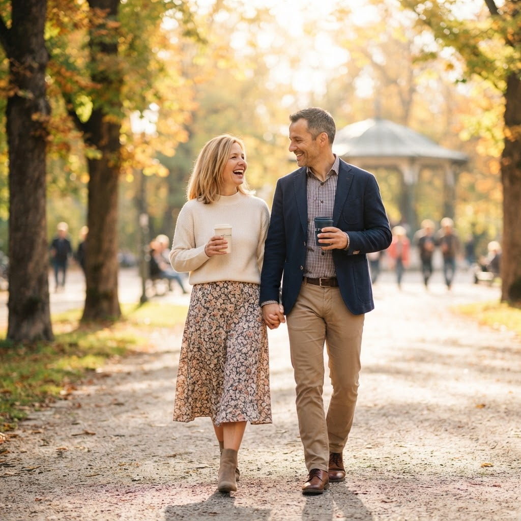 Ein lächelndes Paar spaziert gemeinsam durch einen sonnigen Park